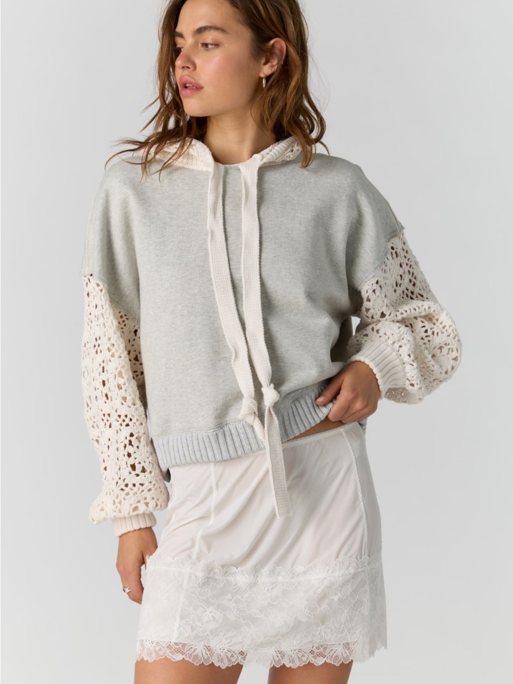 Free People Crochet-Sleeve Hoodie in Light Gray & Cream